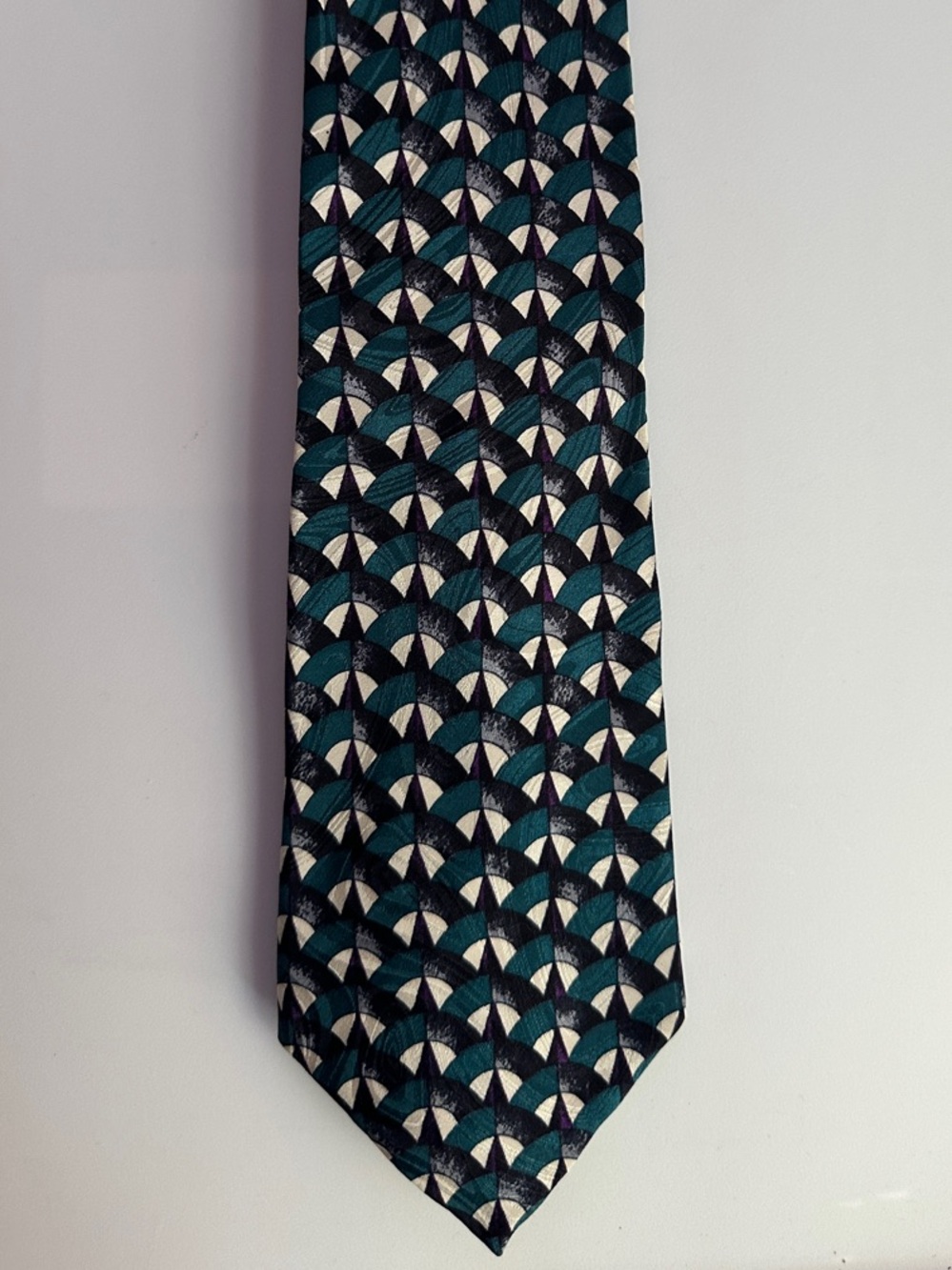 Vintage Martin Wong Teal & Black Art Deco Geometric Silk Tie